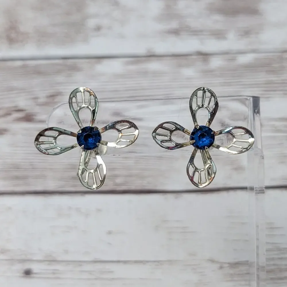 Vintage Screw On Earrings - Large Flower with Blue Gem - Condition Issues